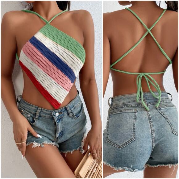 SHEIN Y2k Rainbow Crochet Halter Top - Picture 1 of 7